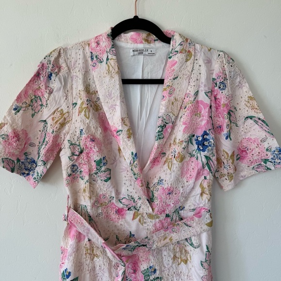 Miss Kelly 1999 Cottagecore Floral Embroidered Shawl Collar Belted Midi Dress - Picture 5 of 11